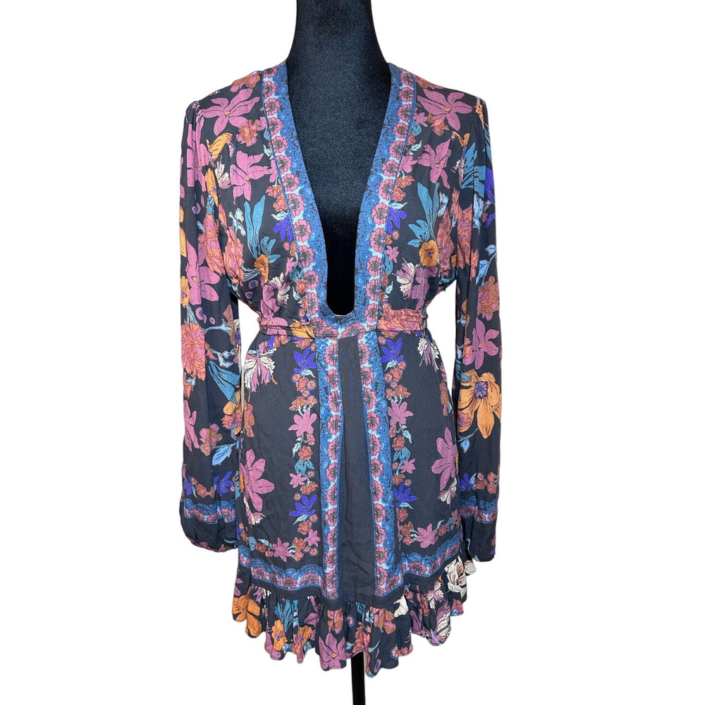 Free People Violet Hill Floral V-Neck Ruffle Blouse Tunic Mini Dress Size 10